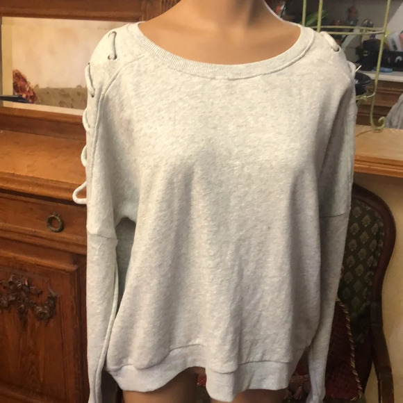 Betsey Johnson performance heather grey cotton lace up sleeve sweater top NWT - Picture 2 of 6